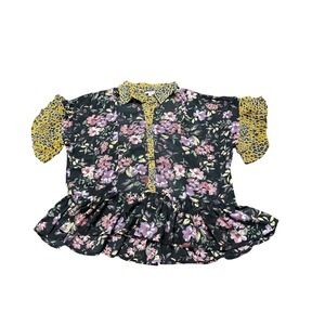 Umgee Floral Print‎ Ruffle Hem Blouse Leopard Trim Black Purple Women's